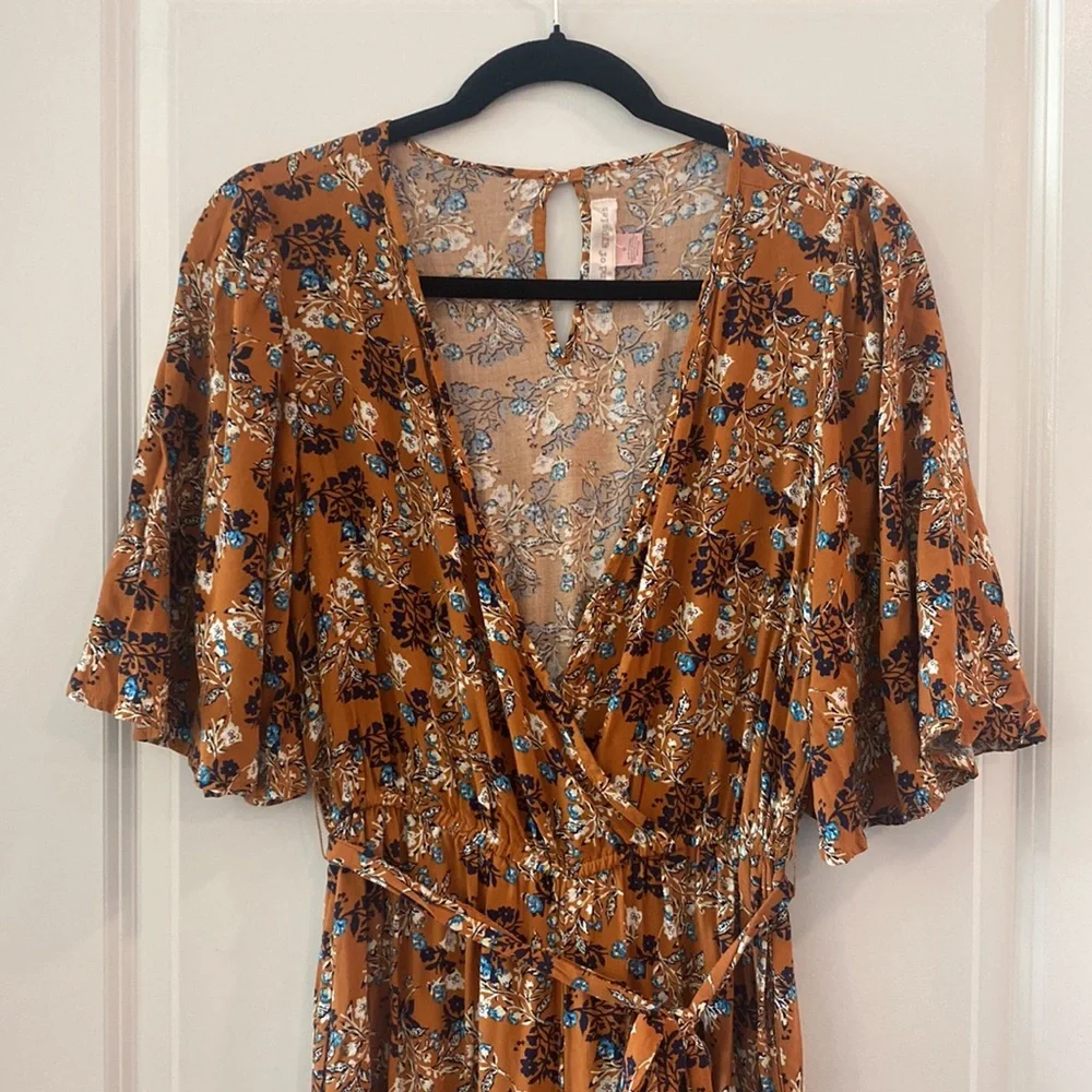 Romper - Band of Gypsies Burnt Orange Floral Romper/Jumpsuit with Pockets - Picture 2 of 5